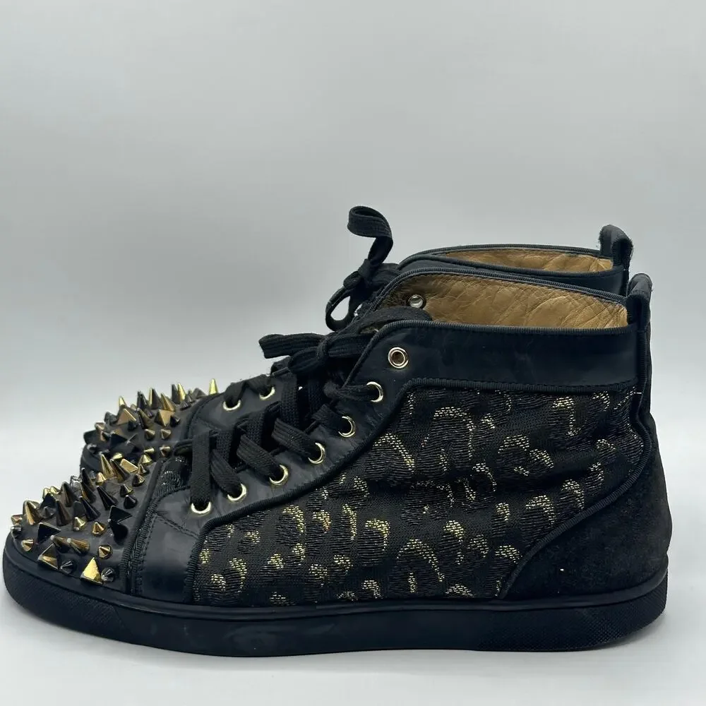 CHRISTIAN LOUBOUTIN Louis High Pik Jacquard Sneaker Black Gold Spike Sz 44/11